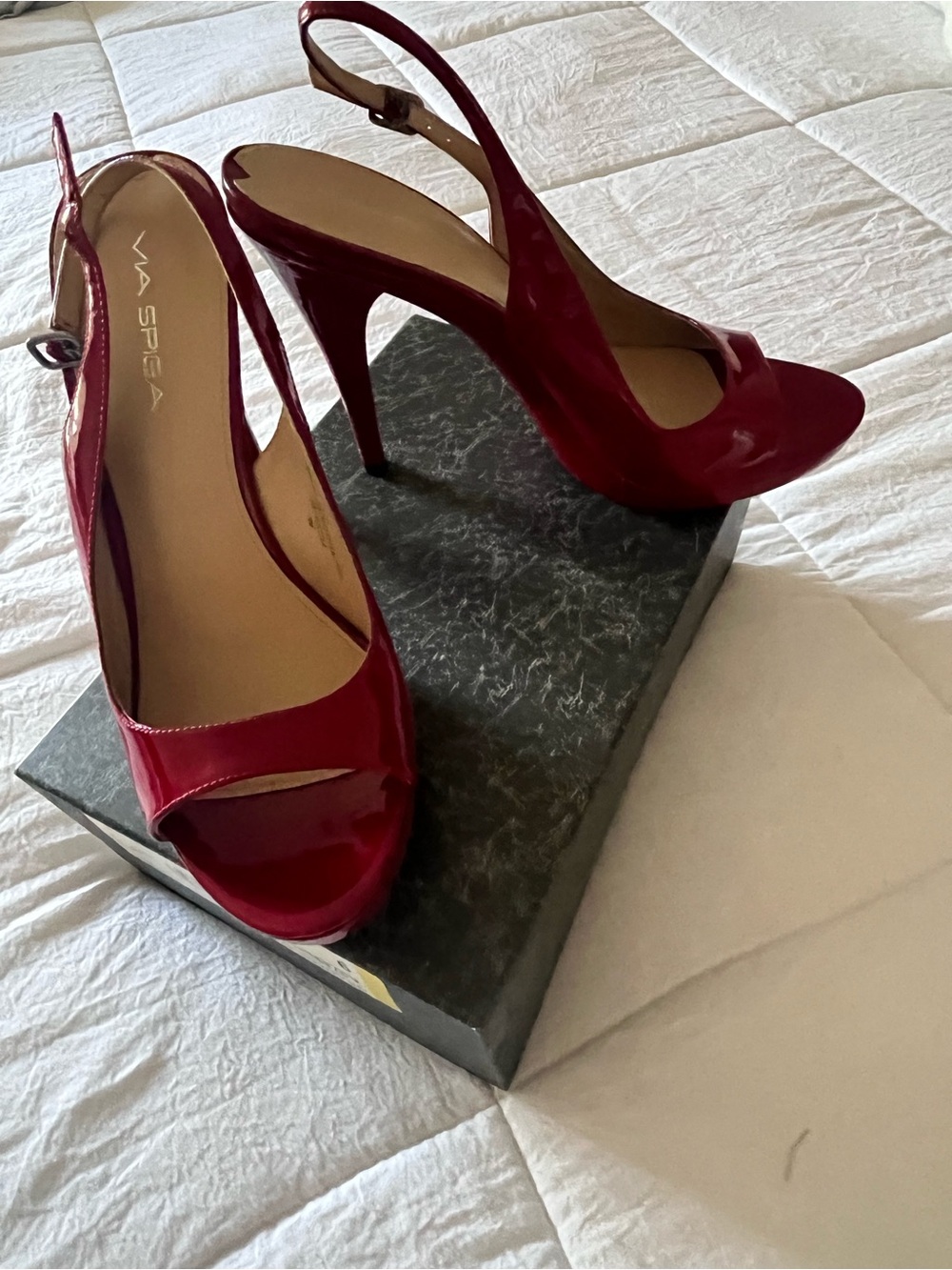 Via Spiga Glossy Red Slingback Peep-Toe Heels
